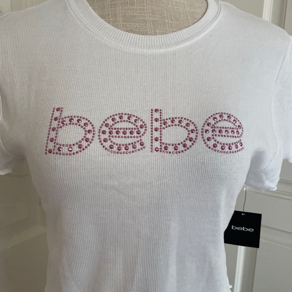 Bebe NWT Y2K White Logo Pink Stone Ribbed Scoop Neck Crop Top, Size S - Picture 3 of 13